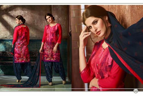 Magenta & Blue Rayon Print Patiala Salwar Kameez Supplier