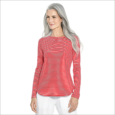 Women's Side Split T-shirt - Cotton Blend, Red, S-XL | Soft Fabric, Striped, Lightweight, Long Sleeve, Round Neck