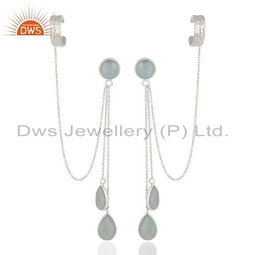 Aqua Chalcedony Sterling Silver Cuff Earrings Size: 74 X 9