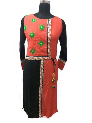 Girls Kurti - Rayon, 42 Inches, Red | Embroidery, Round Neck, Long Sleeves, Regular Fit, Thread Work