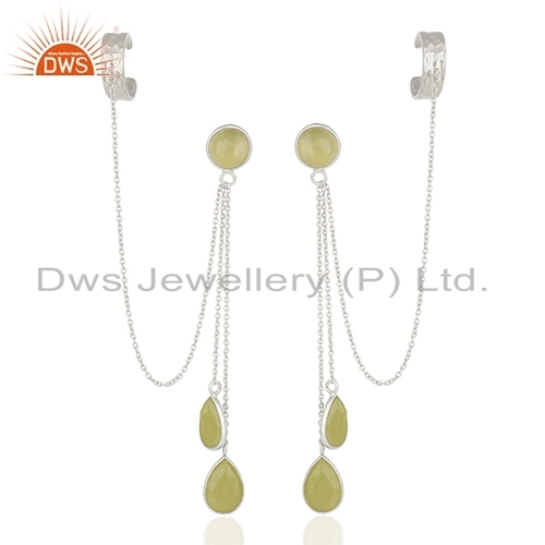 Handmade Sterling Silver Ear Cuff Earrings - 74x9 mm, 8.04 g Weight | Prehnite Chalcedony Gemstone Detailing