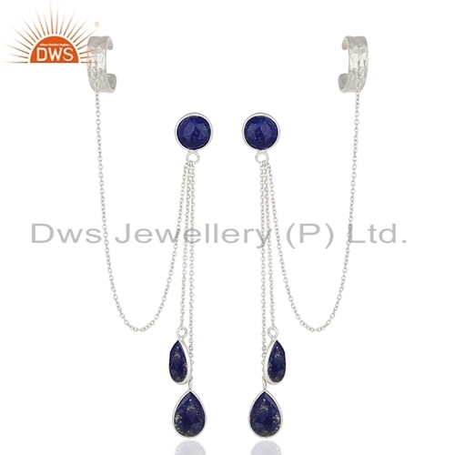 Natural Lapis Gemstone Silver Ear Cuff Earring - 2-3 Inches, Dark Blue | Sterling Silver, Elegant Design, Unique Style