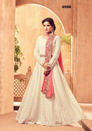 White Anarkali Suit Decoration Material: Beads