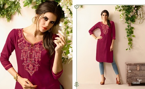 RAYON FABRIC EMBROIDERED WORK KURTI