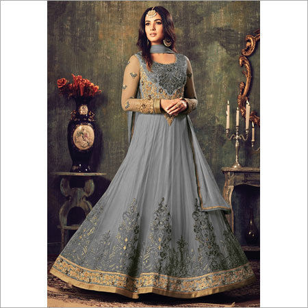 Grey Ladies Hand Embroidered Anarkali Suits