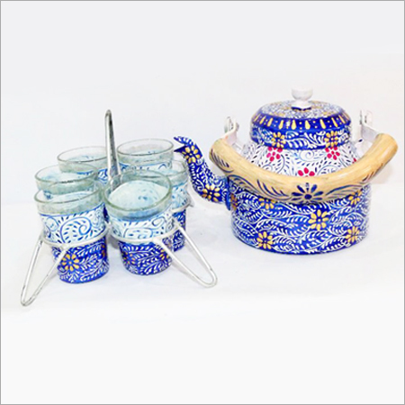 Free Hand Painted Aluminum Kettle and Glass Set
