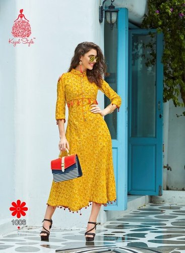 LAWN Cotton Kurti Vol 1 - Sizes L to XXL, Yellow | Stylish A-Line, Mandarin Collar, 3/4 Sleeves, Comfortable Fit
