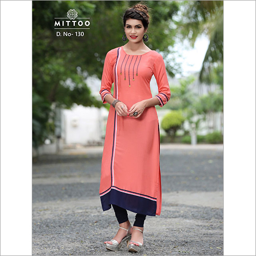 Mittoo - Rayon, Knee Length, Peach, Round Neck | Neckline Embroidery, Soft Fabric, Comfortable Fit, Stylish Look, Durable Material