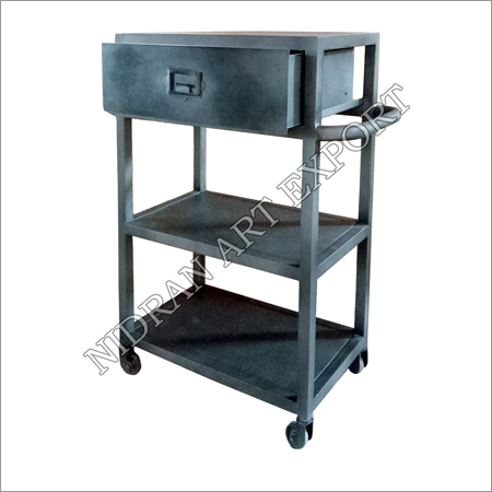 Handmade Iron One Drawer Side Table With Wheels