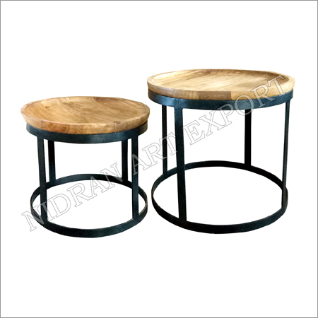 Iron Round Tables With Wooden Top Set Of Two