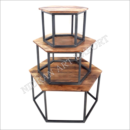 Wooden Hexagonal Tables With Iron Base Set Of Three By NIDRAN ART EXPORTS
