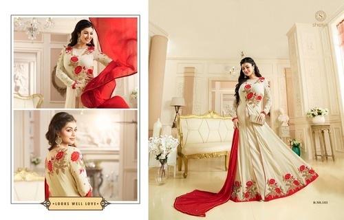 Heavy Designer Salwar Kameez - Silk Shine/Georgette Top 2.8m, Shantoon Bottom 2.6m, Off-White, Nazmin Dupatta 2.45m | Heavy Embroidery, Elegant Design, Party & Wedding Wear