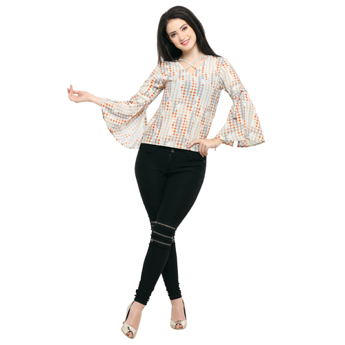 Cream Polyester Round-Neck Western Top - Full Sleeve Design, Curved Back Hem with Back Yoke, Available in Multiple Sizes
