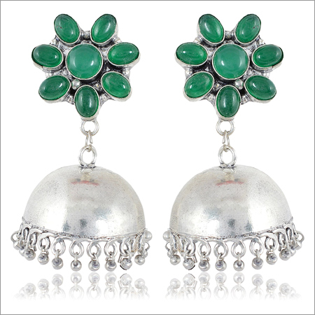Green and Silver Brass Jhumki Earrings