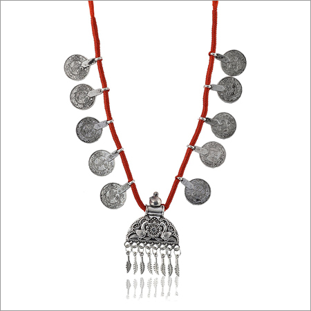 Red Fabric Strand Silver Necklace