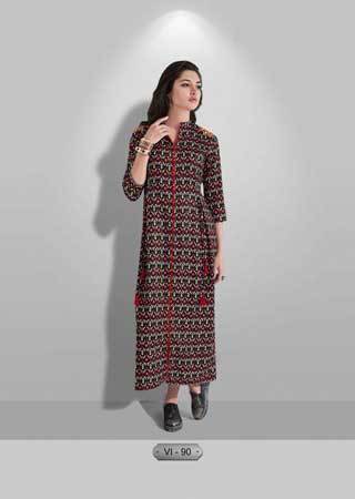 DailyWear Kurti - Cotton Maxi Length Black, V-Neck, Three-Quarter Sleeves, Relaxed Fit, Printed Pattern, Stylish and Comfortable