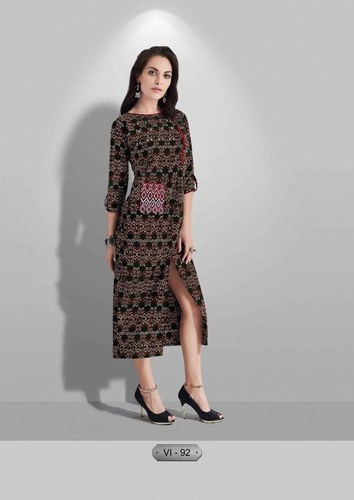Ladies Long Top - Cotton Size XXS-XXXL Printed Design Full Sleeves Dry Clean Only Modern Ethnic Wear with Lace Decoration