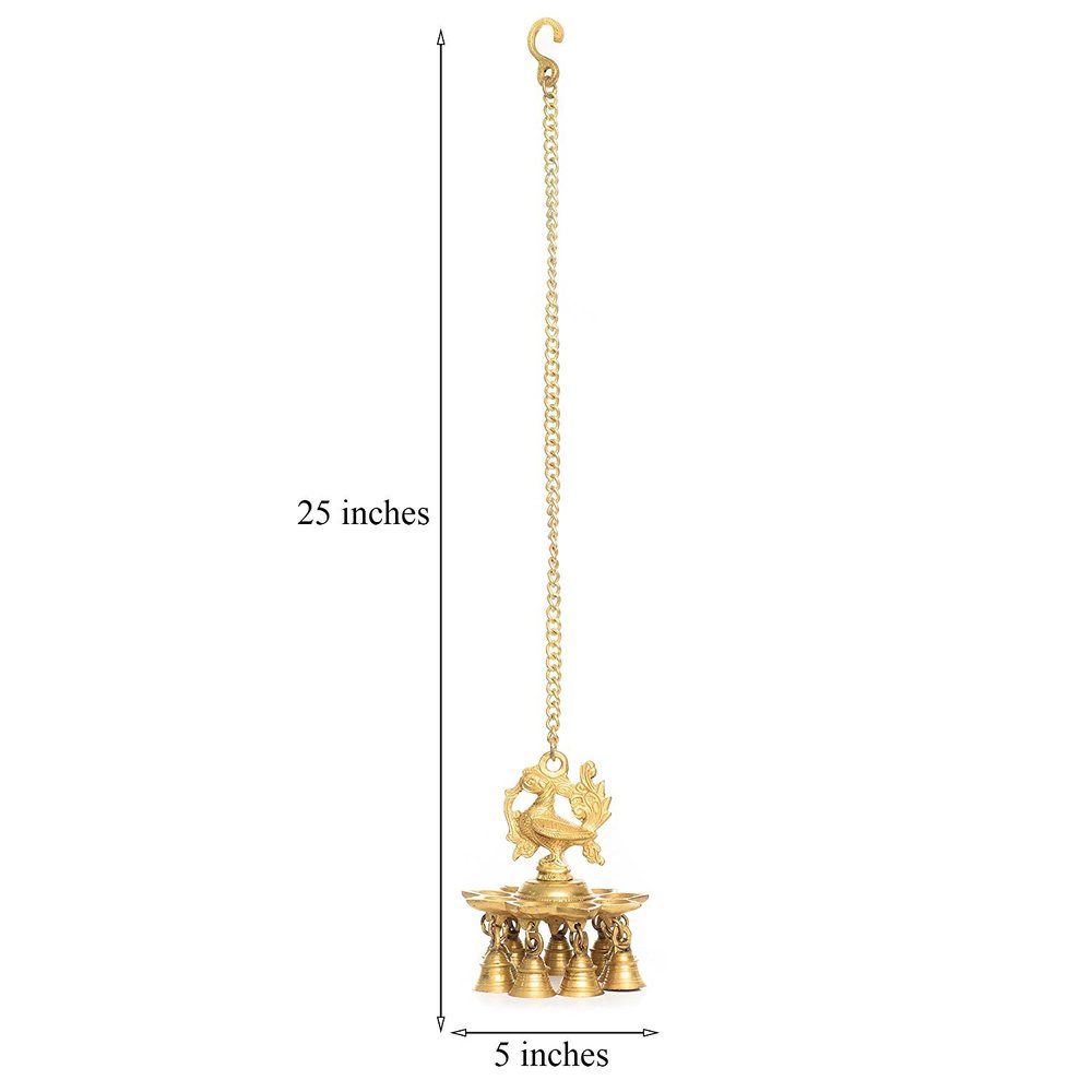 Gold Brass Peacock Deepak With Bells And Yellow Chain Wall Hanging 7 Oil Wick Diya