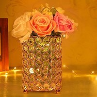 Gold Crystal Candlesticks Decorative Vase With Warm White String Light - Crystal Glass, 6.3 Inches, Gold Alloy Base, Battery Operated