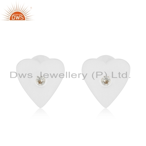 Indian Sterling Silver Heart Shape Stud Earrings - 1.796 Grams, Featuring White Topaz Gemstone