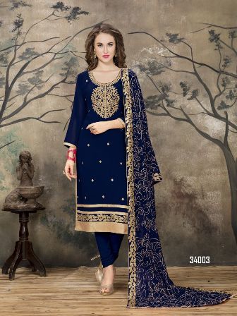 Navy Blue Georgette Designer Churidar Salwar Suit - Customized Sizes XS to XXXL, Full Sleeves, Embroidered with Beads | Trendy All-Season Ethnic Wear, Dry Clean Only