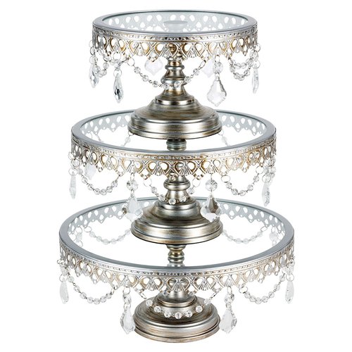 Victoria Antique Silver Cake Stand Set of 3, Round Glass Plate Metal