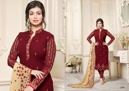 Red Georgette Bollywood Styled Salwar Suit - Custom Sizes Available, Full Sleeves, Embroidered Pattern, Heavy Work with Beads, Churidar and Worked Dupatta for Wedding Season