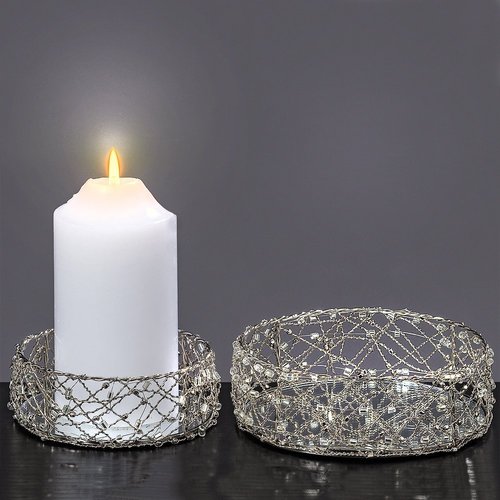 The Silver Smoke Crystal Beaded Candle Plates, Set of 2, Handcrafted,