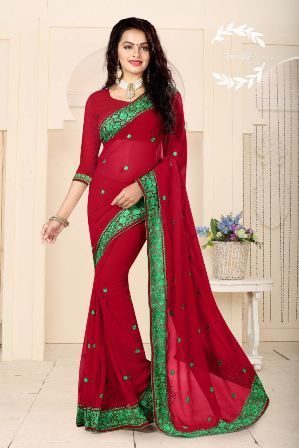 Red Designer Party Wear Saree - Cotton Silk Material, Embroidered Pattern | Suitable for All Seasons with Warranty
