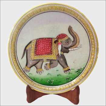 Marble Painted Thali - Marble 10 Inch Grey | Hand-Painted Elegant Design Wooden Stand Glossy Finish Intricate Artwork