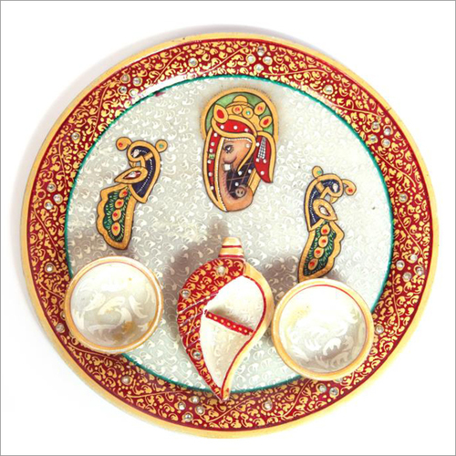 Decorative Pooja Thali - Marble with Stones, 12 Inches, White | Handpainted, Intricate Details, Spiritual Significance, Set of 5 Items in Box