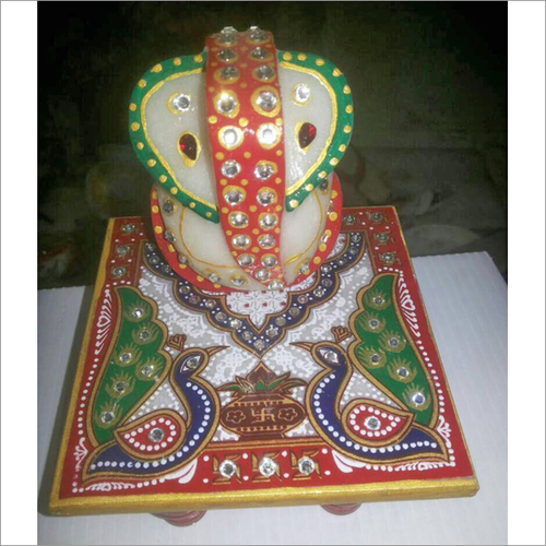 Ganesha Multicolor Marble Statue With Chowki