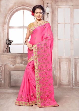Cotton Silk Pink Party Wear Saree
