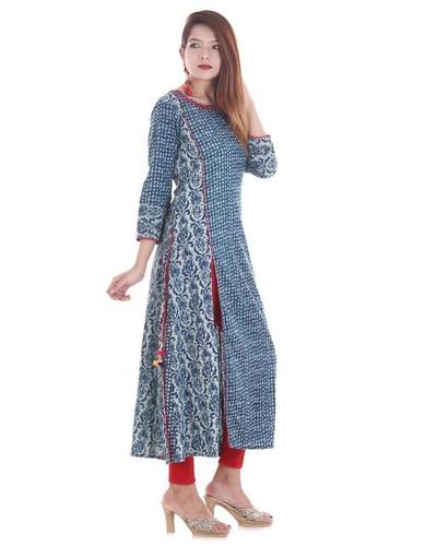 Ladies Fancy Kurti - Cotton, 54 Inches, Blue | Stylish Design, Comfortable Fabric, Round Neck, 3/4 Sleeves