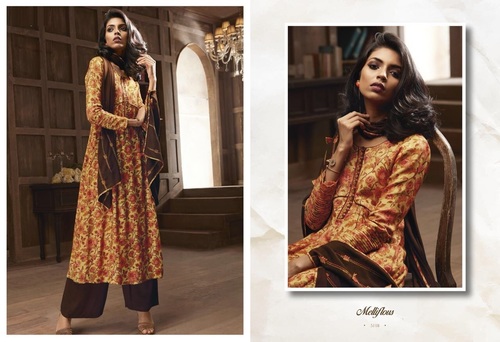 Cotton Satin Salwar Suit - Yellow & Brown with Printed Work, Customizable Size 36 to 42, Includes Matching Dobby Cotton Dupatta