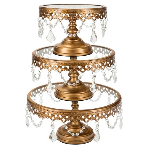 Victoria Antique Gold Cake Stand Set of 3, Round Glass Plate Meta