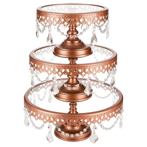Victoria Rose Gold Cake Stand Set of 3, Round Glass Plate Metal