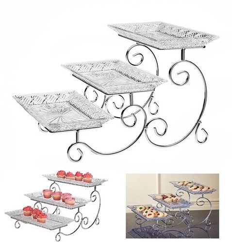 3 Tier Rectangular Serving Platter,Tiered Food Tray Stand, Three Plate Display Cake By OTTO INTERNATIONAL