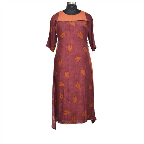 Cotton Printed Double Layer Kurti - Knee-Length, Round Neck, Three-Quarter Sleeves | Double Layered, Side Adjustment, Relaxed Fit, Traditional Design