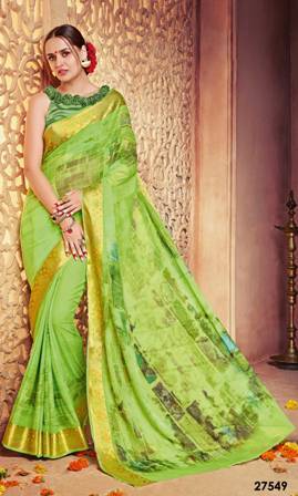Green Party Wear Saree - Cotton Silk, Printed Design | Warranty Included, Perfect for All Seasons