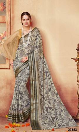 Cotton Silk Gray Designer Print Saree