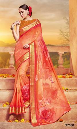 Cotton Silk Orange Coloured Sleve Less Saree