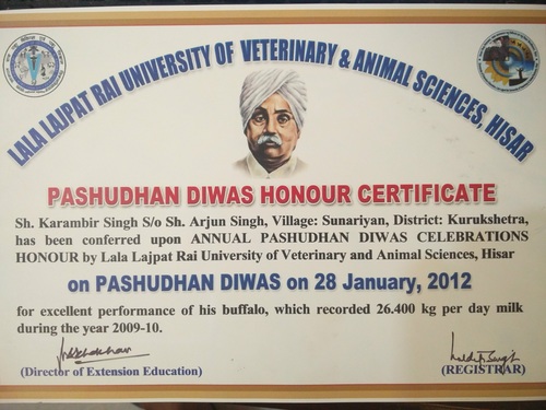 Pashudhan Diwas Honour Certificate