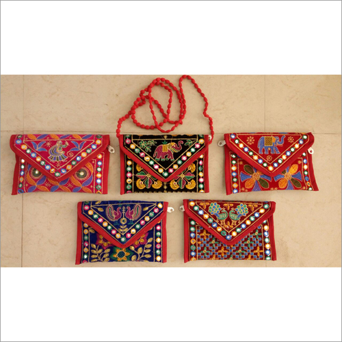 Handmade Animal Embroidery Sling Bag - Fabric, 10x7x2 Inches, Red | Hand-Stitched, Zipper Closure, Adjustable Chain Strap