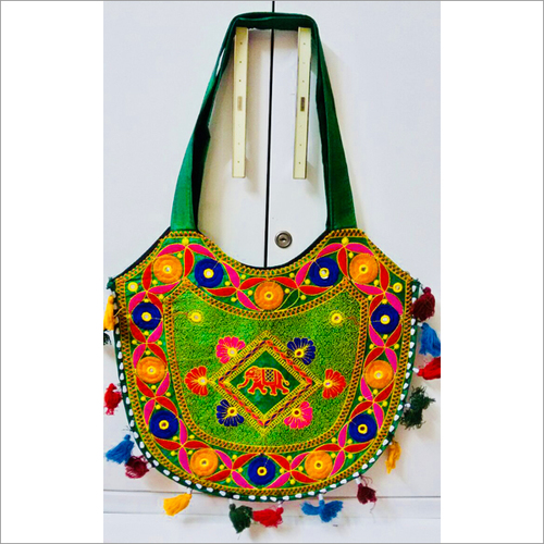 Handmade Multicolored Threaded Shoulder Bag - Cotton 12x14 Inches Green | Adjustable Strap Lightweight Durable Stylish Design