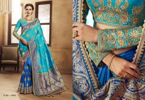Shaded Firozi & Blue Embroidery Work Handloom Silk Sarees
