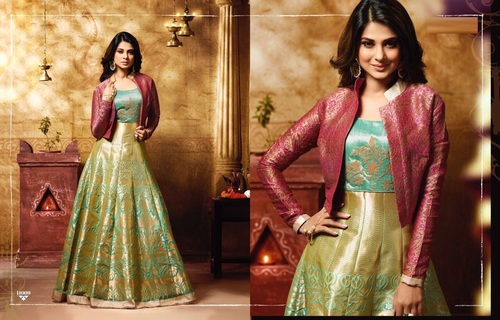 Green & Pink Banarasi Silk Designer Koti Style Salwar Kameez