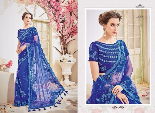 Blue Heavy Designer Work Net Saree