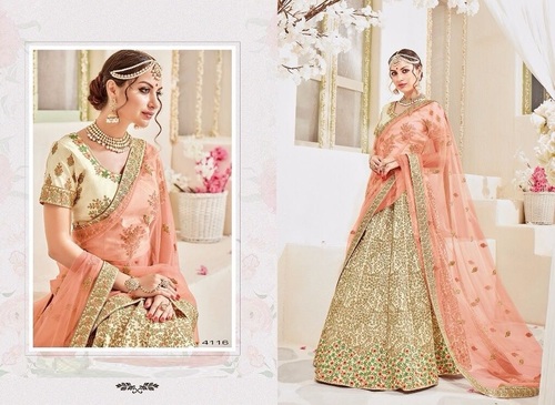 Cream & Peach Wedding Wear Designer Heavy Lehanga Choli