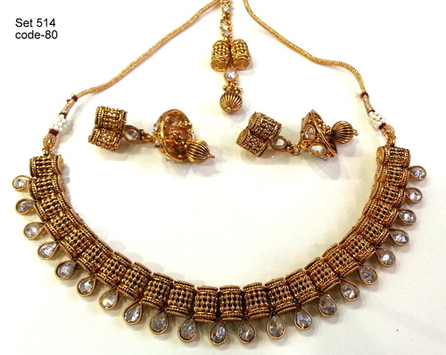 Antique Elegance Necklace Set - Copper Alloy, Durable Metal and Stone Composition | Ethnic Motifs, Polished Smooth Edges, Includes Matching Earrings